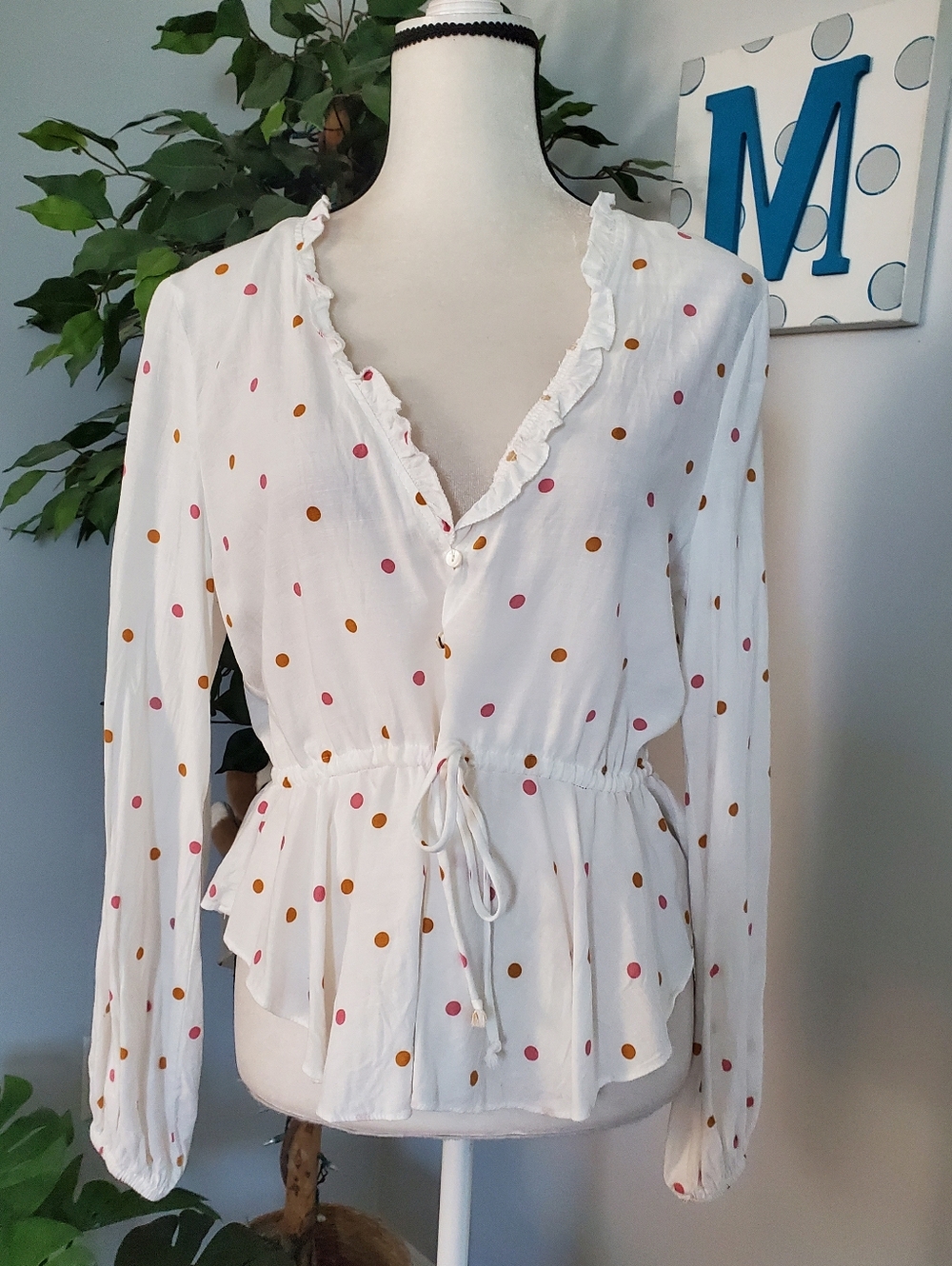 OLIVACEOUS Polka Dot Peplum Drawstring Linen Blend M